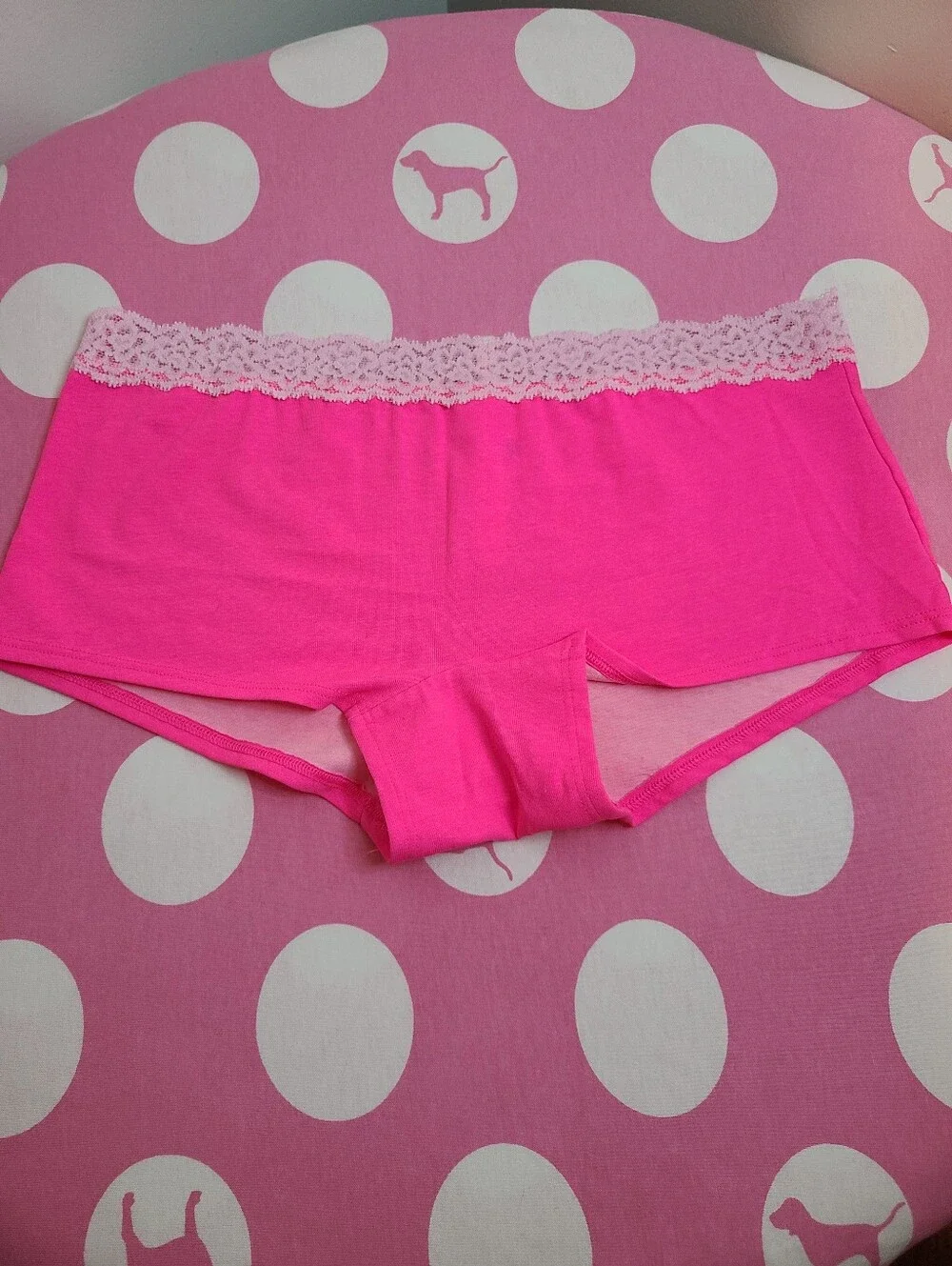 Retro VS PINK Lace Trim Cotton Logo Bum Boyshort Panty Size M Pink